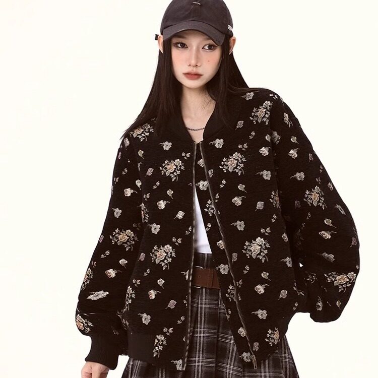 美式复古碎花满印立领外套女春季ins潮牌休闲情侣棒球服夹克上衣图片