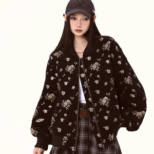 美式复古碎花满印立领外套女春季ins潮牌休闲情侣棒球服夹克上衣图片