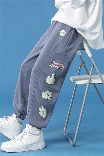 蓝底2024秋冬新款个性撞色印花束脚运动休闲潮牌裤子2121-45控69图片