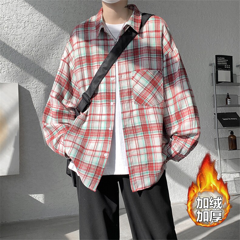 加绒衬衫男冬季新款港风宽松磨毛格子长袖衬衣JR02-特P35，男装衬衫，星座214-3