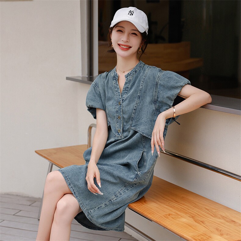 现货2023夏装新品时尚牛仔连衣裙女休闲宽松韩版舒适遮肉显瘦,女装连衣裙,钱塘布衣