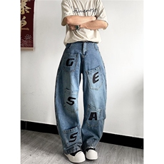 美式做旧破洞阔腿牛仔裤新款高腰宽松显瘦直筒拖地裤NK78-P57，男装牛仔裤，星座208-5