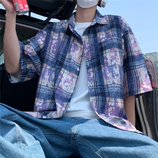 2025美式扎染印花冰丝凉感短袖五分袖格子衬衫CS1866/特P25紫色，男装T恤，电商A094