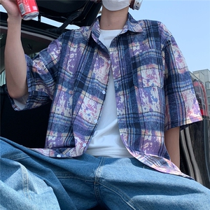 2025美式扎染印花冰丝凉感短袖五分袖格子衬衫 CS1866/特P25 紫色图片