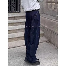 美式复古设计感多排扣眼弯刀牛仔裤慵懒松弛感休闲阔腿拖地裤子，男装牛仔裤，星座506A