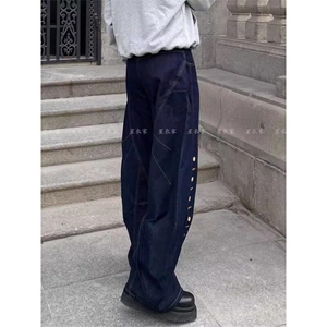 美式复古设计感多排扣眼弯刀牛仔裤慵懒松弛感休闲阔腿拖地裤子图片