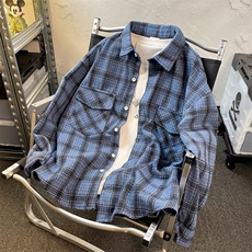 高级感格子衬衫男长袖痞帅vintage潮牌工装衬衣宽松休闲外套春秋，男装衬衫，星座601-2