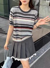 2025年夏季圆领条纹针织短袖，女装针织衫/毛衣，兰叶羊绒