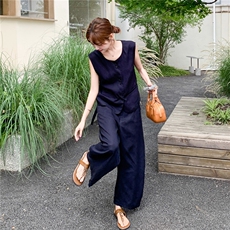 轻熟风穿搭藏蓝色天丝亚麻一整套女夏2025超火减龄马甲长裤两件套，女装套装/套裙，浙宝290（原306）