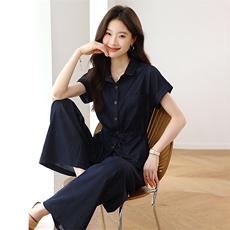 夏季薄款牛仔套装裤女2025新款休闲气质短袖收腰衬衫阔腿裤两件套，女装套装/套裙，婷思杰（原婷想服饰）
