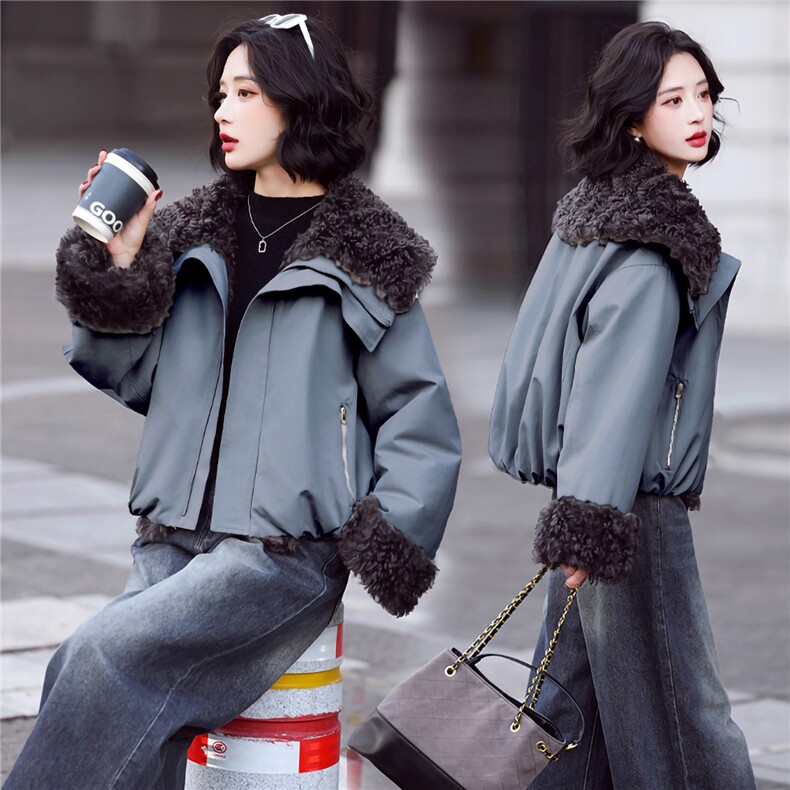 两面穿简约时尚毛一体保暖派克服外套2025冬装新款,女装派克服,鑫源服饰