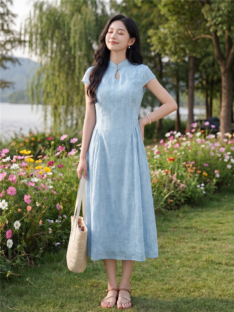 复古气质连衣裙女夏季新款女神范时尚收腰显瘦减龄中长款裙子,女装连衣裙,水衣源