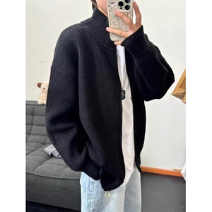 灰色双拉链立领开衫毛衣男款秋季半高领针织衫慵懒风外套 ML106图片