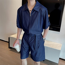 夏季网红时尚天丝牛仔中袖衬衫男套装时尚短裤两件套潮TZ262-P135，男装牛仔裤，电商B267