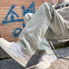美式高街复古小众泼墨设计牛仔裤春秋潮牌直筒宽松hiphop长裤男，男装牛仔裤，星座716-4