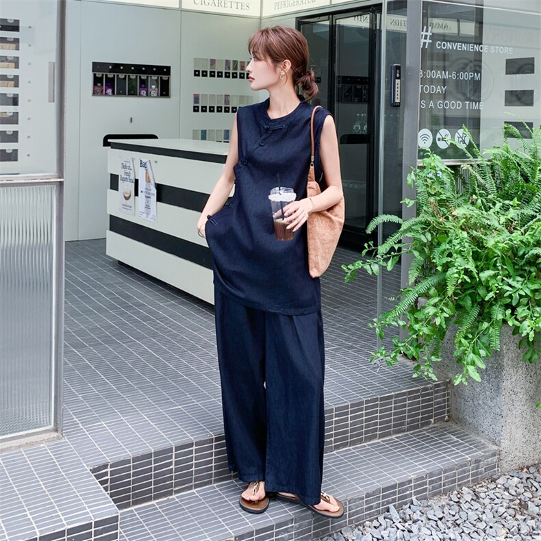 新中式国风盘扣背心套装女2025年夏季新款显瘦巨好看阔腿裤两件套,女装套装/套裙,2C278