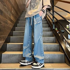 黑色牛仔裤男冬季美式高街复古阔腿裤秋冬款宽松直筒2026新款裤子，男装牛仔裤，星座1210-1