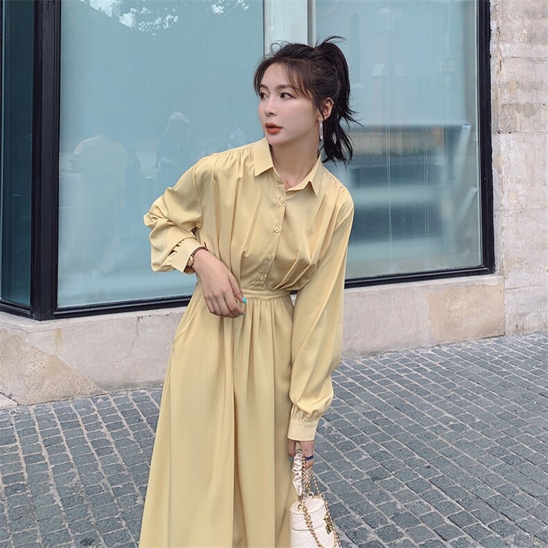 黄色法式高级感衬衫连衣裙女春秋2025新款秋装别致独特气质长裙冬,女装连衣裙,2C037