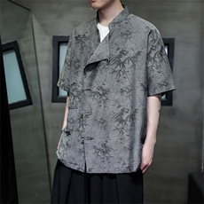 真棉麻现货中式斜门襟风复古汉服盘扣立领短袖衬衫T恤CS35-P65，男装T恤，电商A021