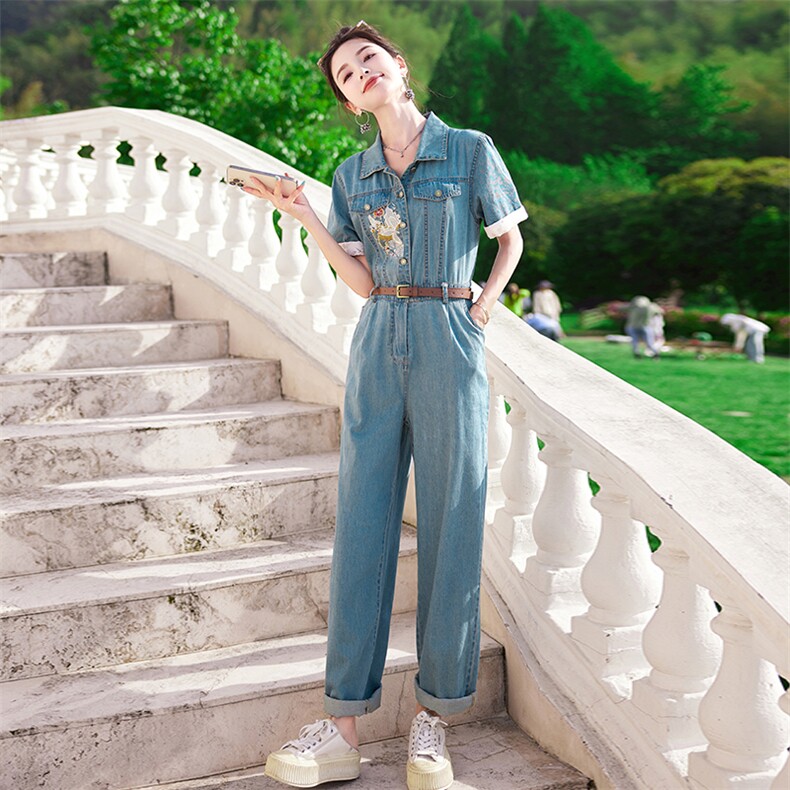新中式风牛仔连体裤女夏季新款复古刺绣高腰显瘦工装连衣裤,女装牛仔裤,微微衣阁