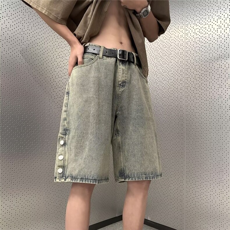排扣牛仔短裤男夏季黄泥色水洗做旧马裤美式高街复古宽松五分裤子图片