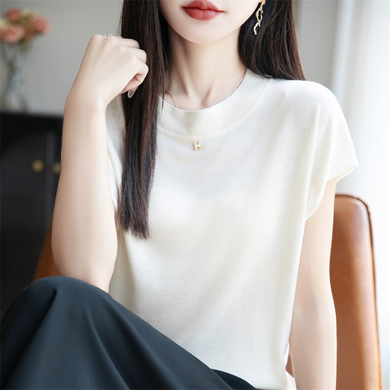 宽松天丝针织t恤短袖百搭纯色体恤女25夏季新款薄款,女装T恤,羿纯羊绒高端店