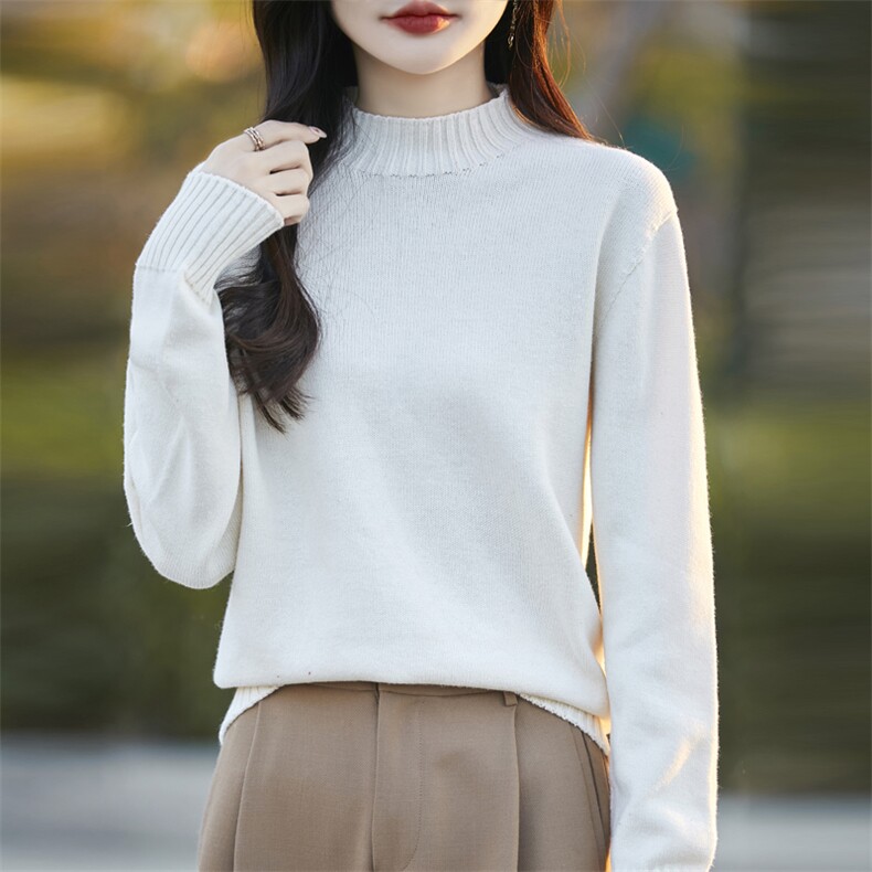 纯棉线半高领加厚针织衫女2024冬季宽松慵懒风开叉毛衣纯色打底衫图片