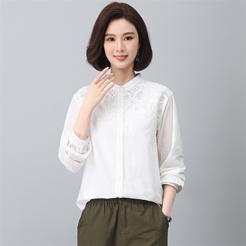 绣花长袖衬衫女2023秋装新款立领镂空棉衬衣修身显瘦气质,女装大码女装,奕阳依阁