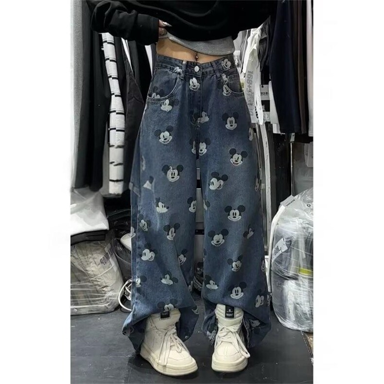 美式复古卡通米奇印花牛仔裤男女街头宽松显瘦阔腿裤W727 P50图片