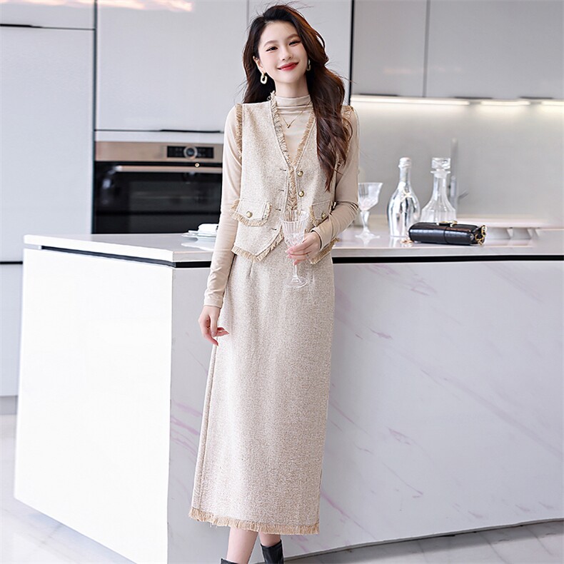 法式现货2024女时尚潮流气质优雅高级修身显瘦打底衫马甲半裙套装,女装套装/套裙,艾贝斯