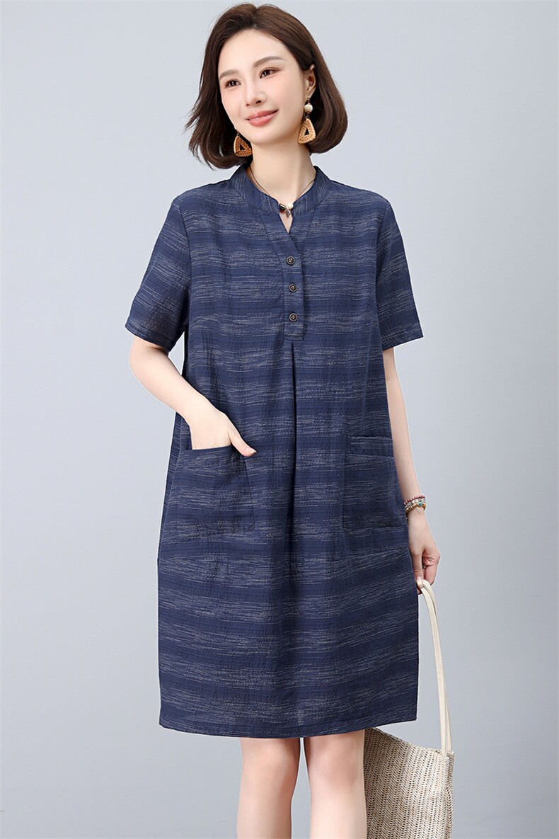 条纹连衣裙女2025夏季新款休闲妈妈裙子,女装连衣裙,忆绮罗