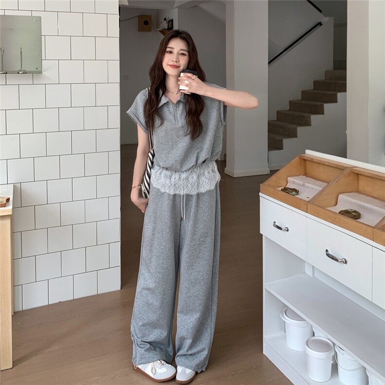 灰色休闲蕾丝拼接卫衣套装女夏季新款超火一整套减龄阔腿裤两件套,女装套装/套裙,2C258