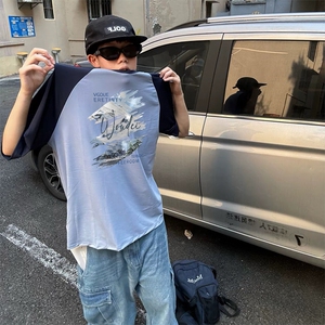 抖音得物高品质二开240克宽松纯棉美式潮牌插肩袖拼接短袖T恤图片