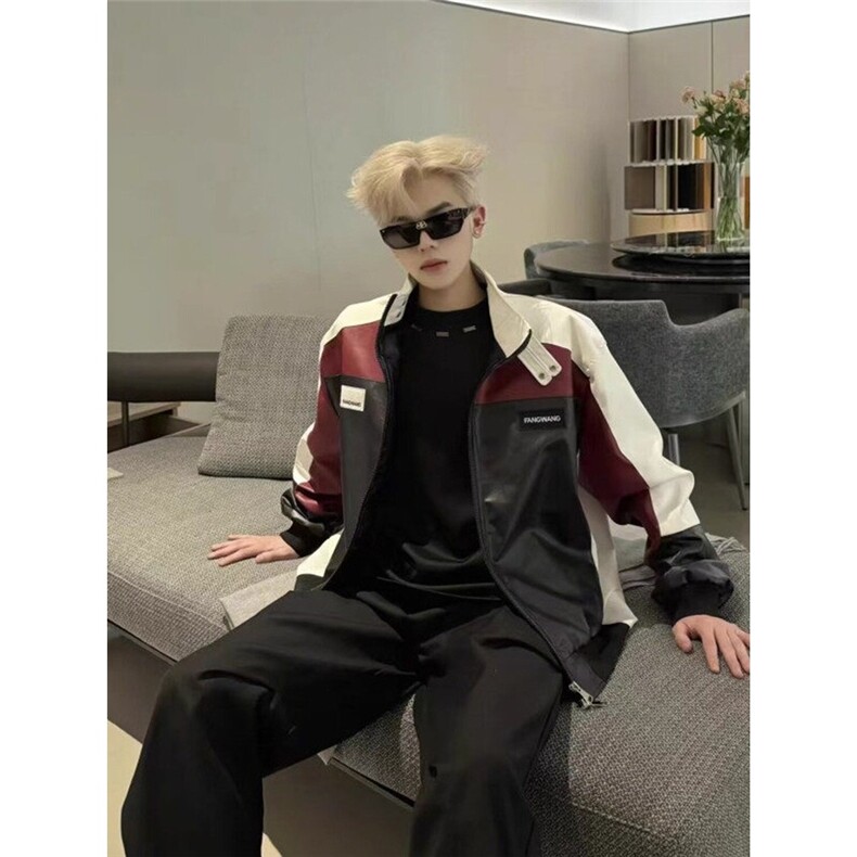 网络图现货美式潮牌pu皮衣情侣拼接撞色痞帅骑行服JK8574-P75，男装皮衣，星座715-7