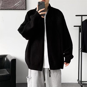 港风秋款男立领毛衣拼接条纹宽松针织衫休闲双拉链外套M231 P60图片