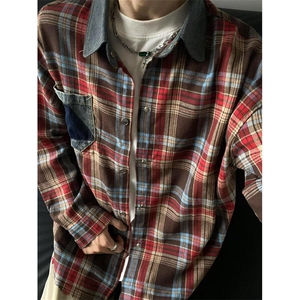 复古长袖格子衬衫男早秋穿搭拼接牛仔领黄色格纹外套 CJ02图片