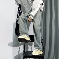 牛仔裤男高街vibe复古做旧直筒裤秋季美式宽松休闲裤子N1381-P45，男装牛仔裤，星座1008-1
