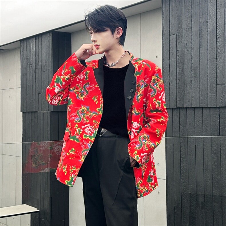 （自家图）小众双面两穿西装东北大花印花中山装外套1201-P108,男装西服套装,星座910-5