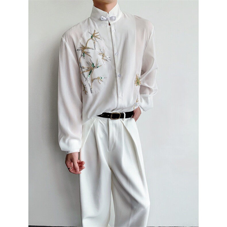 现货！25设计感新中式透视亮片刺绣珠片竹叶衬衫CS181-P118，男装衬衫，电商B288