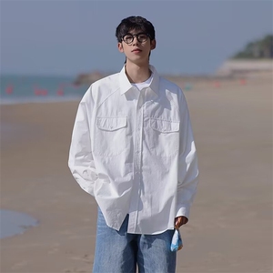 痞帅衬衫男高级感秋季港风纯色长袖衬衣休闲潮男搭配潮流帅气外套图片