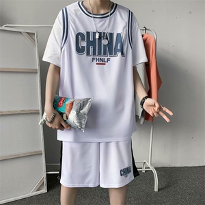 运动休闲套装男假两件t恤短裤ins潮流篮球服夏学院风班服TZ03-p36