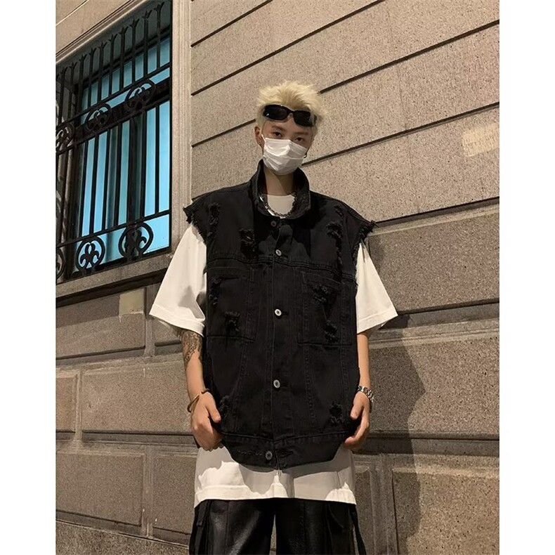 高街水洗破洞牛仔马甲男生潮牌宽松潮流毛边工装无袖坎肩6052P53，男装工装外套，星座410-2