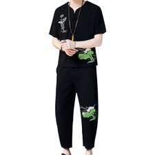 夏季古风男装复古唐装两件套风印花佛系中式汉服男TZ024，男装T恤，星座509