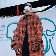 美式复古格子长袖衬衫男潮牌宽松设计百搭高街衬衣外套，男装衬衫，星座716-3
