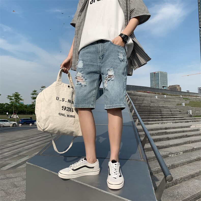 5分破洞牛仔短裤男宽松休闲中裤子男生夏季薄款五分潮牌D,男装牛仔裤,电商A318