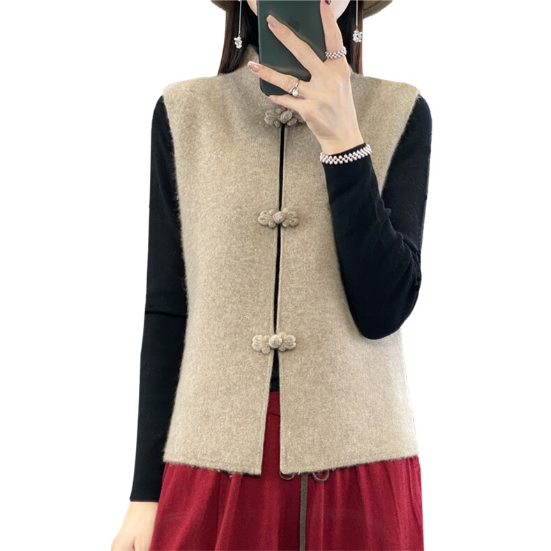 2025早春红色旗袍立领盘扣纯羊毛马甲女中式国风叠穿小衫针织坎肩,女装马甲,羿纯羊绒
