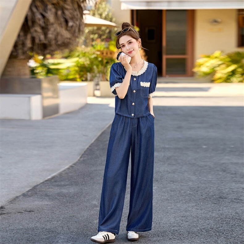 海军领无袖上衣阔腿裤套装女夏2025新款两件套小众不撞款减龄俏皮,商品下架区,秀美人生