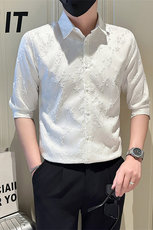 店主风社会小伙男纯色花泡七分袖衬衫男上衣301A-1/CS561/P55，男装衬衫，星座301A-1