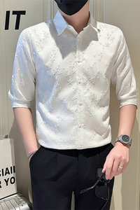 店主风社会小伙男纯色花泡七分袖衬衫男上衣301A-1/CS561/P55图片