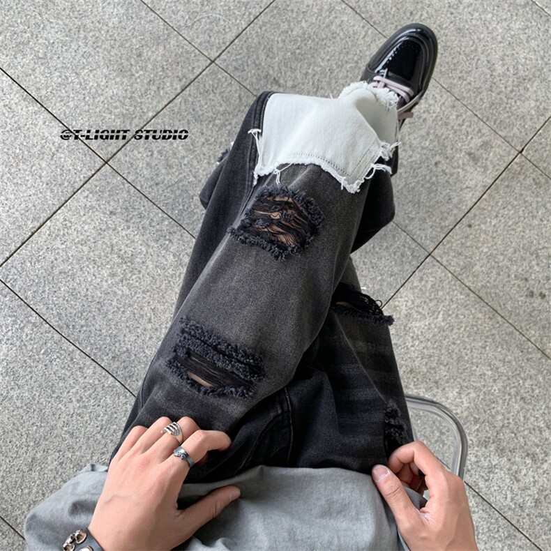B221美式ins高街小众个性乞丐裤直筒破洞牛仔裤LK23099-P65控88,男装牛仔裤,电商B221